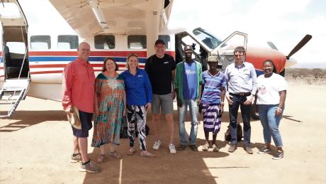 From left to Right: Eddy and Amanda Simmons, Kristina of MAF International and Peter, the MAF Denmark CEO, Pastor Francis, Suruai, MAF Pilot Christiaan and Jacqueline, the Communications Officer MAF Kenya  at Sesia airstrip.