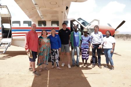 From left to Right: Eddy and Amanda Simmons, Kristina of MAF International and Peter, the MAF Denmark CEO, Pastor Francis, Suruai, MAF Pilot Christiaan and Jacqueline, the Communications Officer MAF Kenya  at Sesia airstrip.